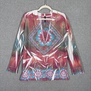 Mishka‎ Sienna Rose Top Medium Thermal Waffle Thin Boho Artsy Abstract Medallion